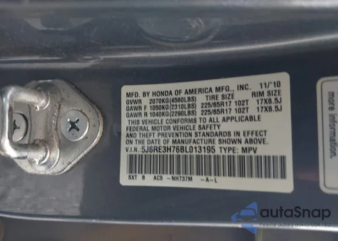 2011 Honda Cr-V Ex-L z USA, uszkodzony, nr VIN 5J6RE3H76BL013195